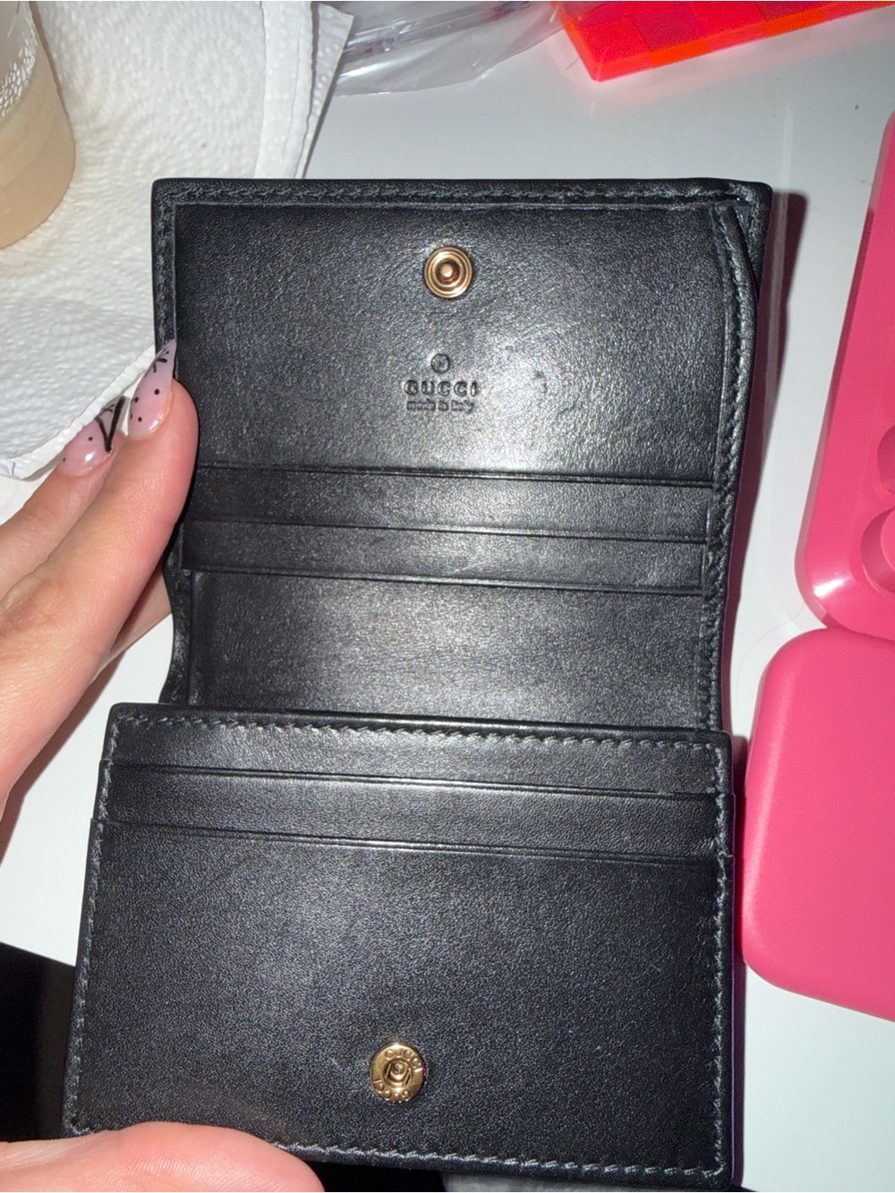 Black Quilted Leather Card Wallet with Gold Hardware - Picture 2 of 5